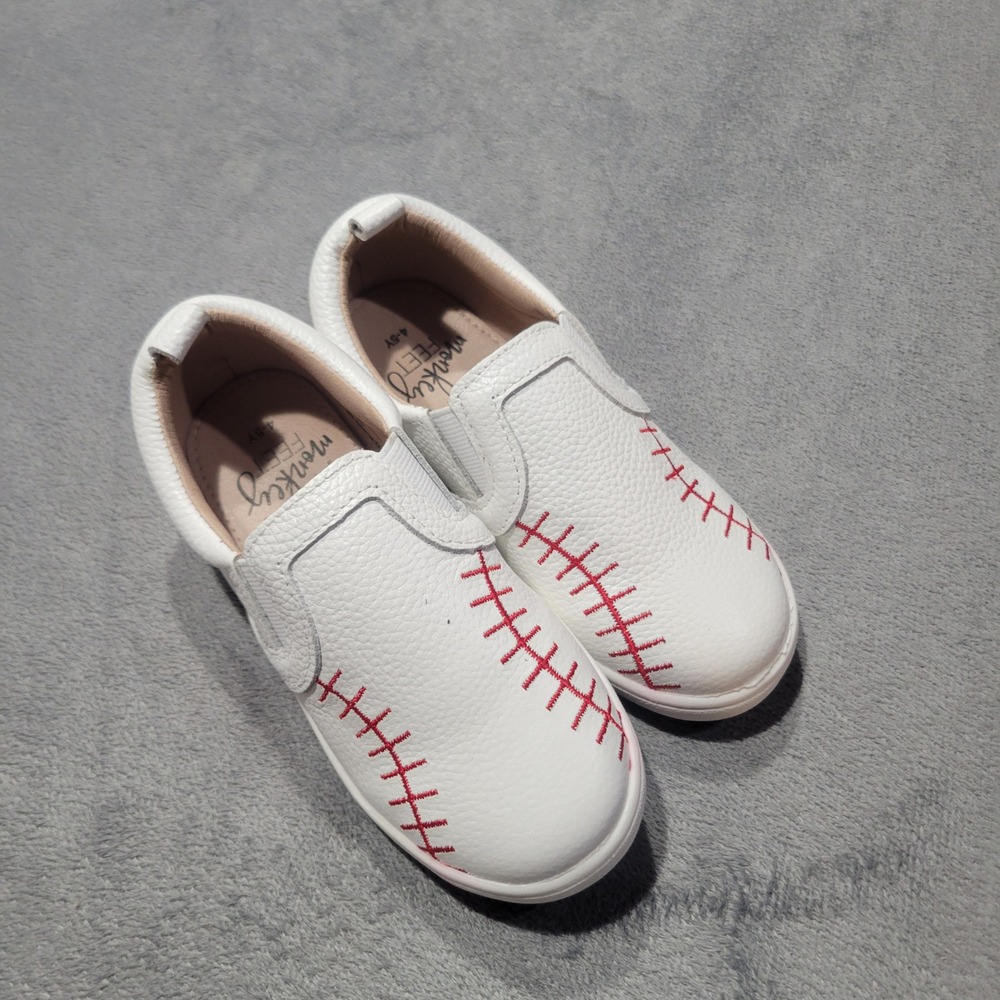 Monkey Feet Slip On Sneakers Kids 4-5Y White Leather Baseball Stitching SZGB2202